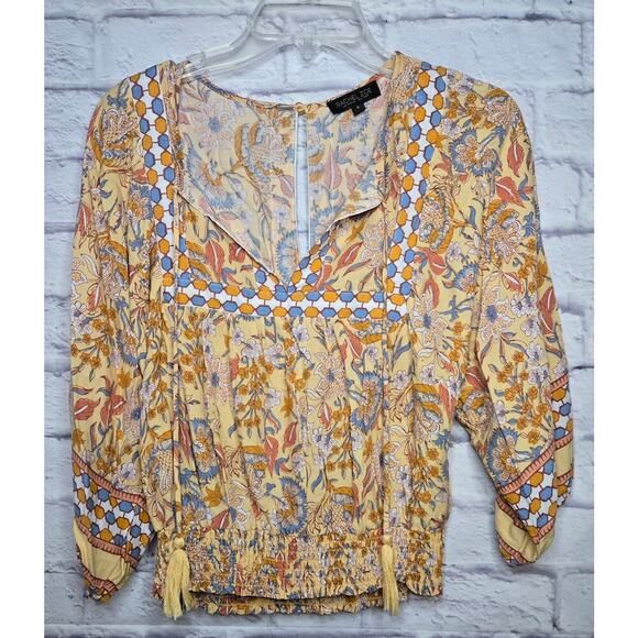 Rachel Zoe yellow boho floral smocked v-neck spring/summer blouse top small - Picture 1 of 7